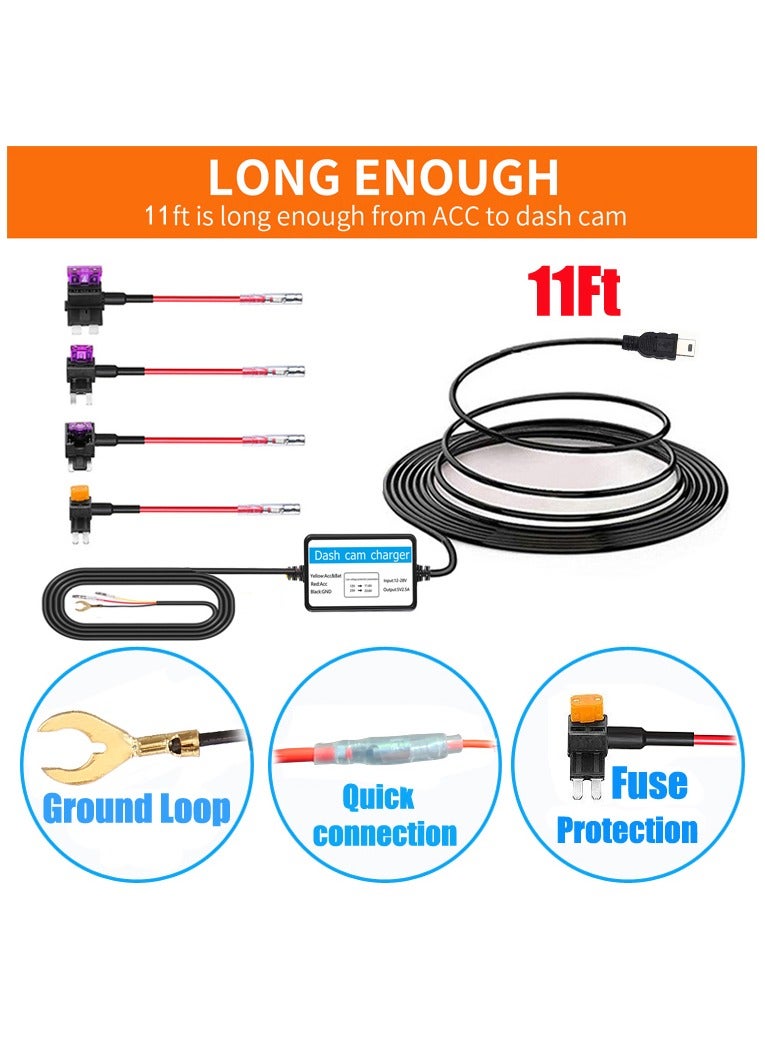 مجموعة أسلاك صلبة USB صغيرة لكاميرا Dash Cam لكاميرا Dashcam وكابل صنبور 8 صمامات وأداة تثبيت 11.5 قدم 12 فولت - 30 فولت إلى 5 فولت/2 أمبير سلك طاقة شاحن منفذ USB صغير - Image 2
